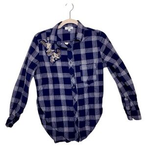 Kensie Navy White Plaid Floral Embroidered Button-Down Boho Cozy Casual Shirt S